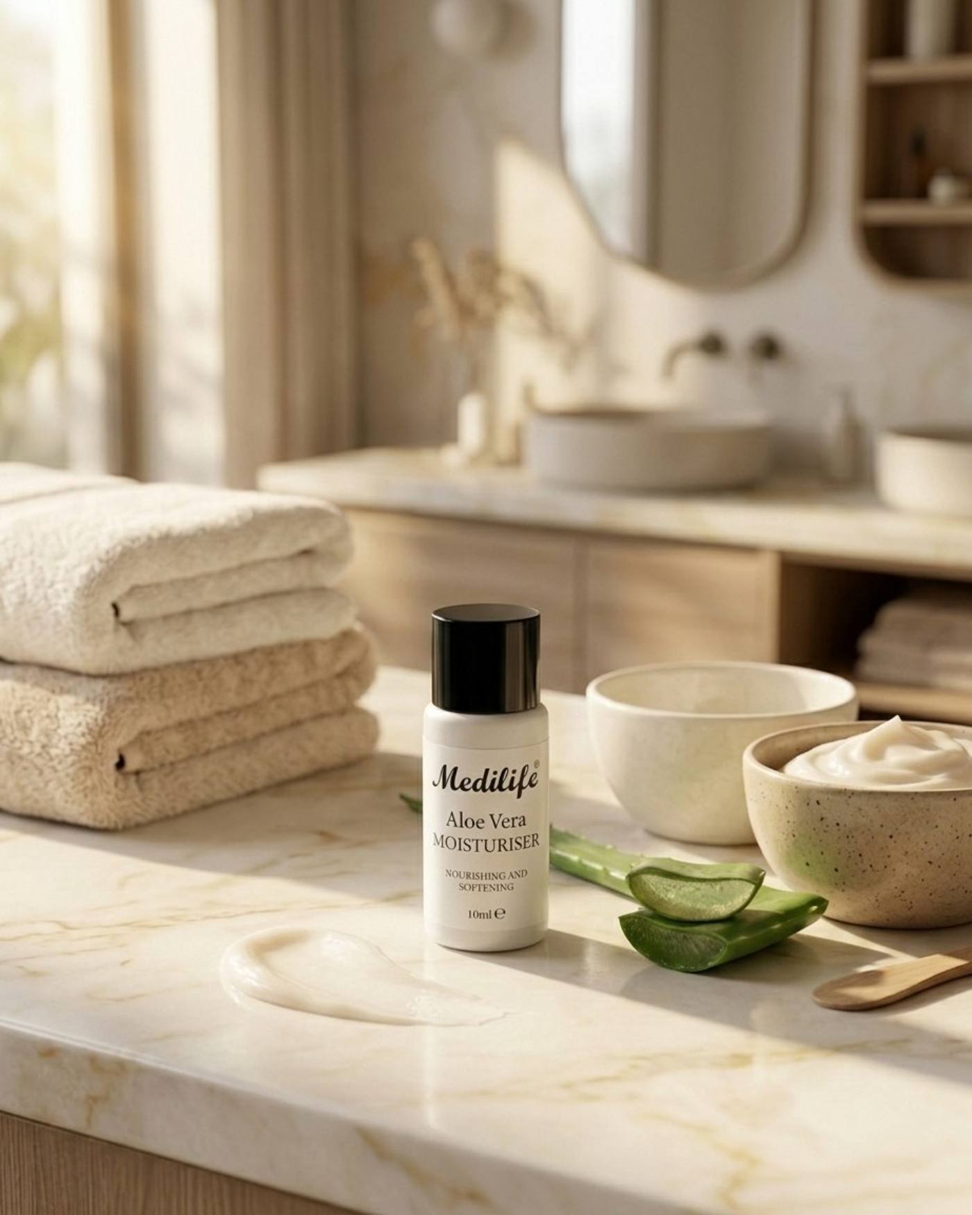 Hotel bathroom stocked with Medilife amenities