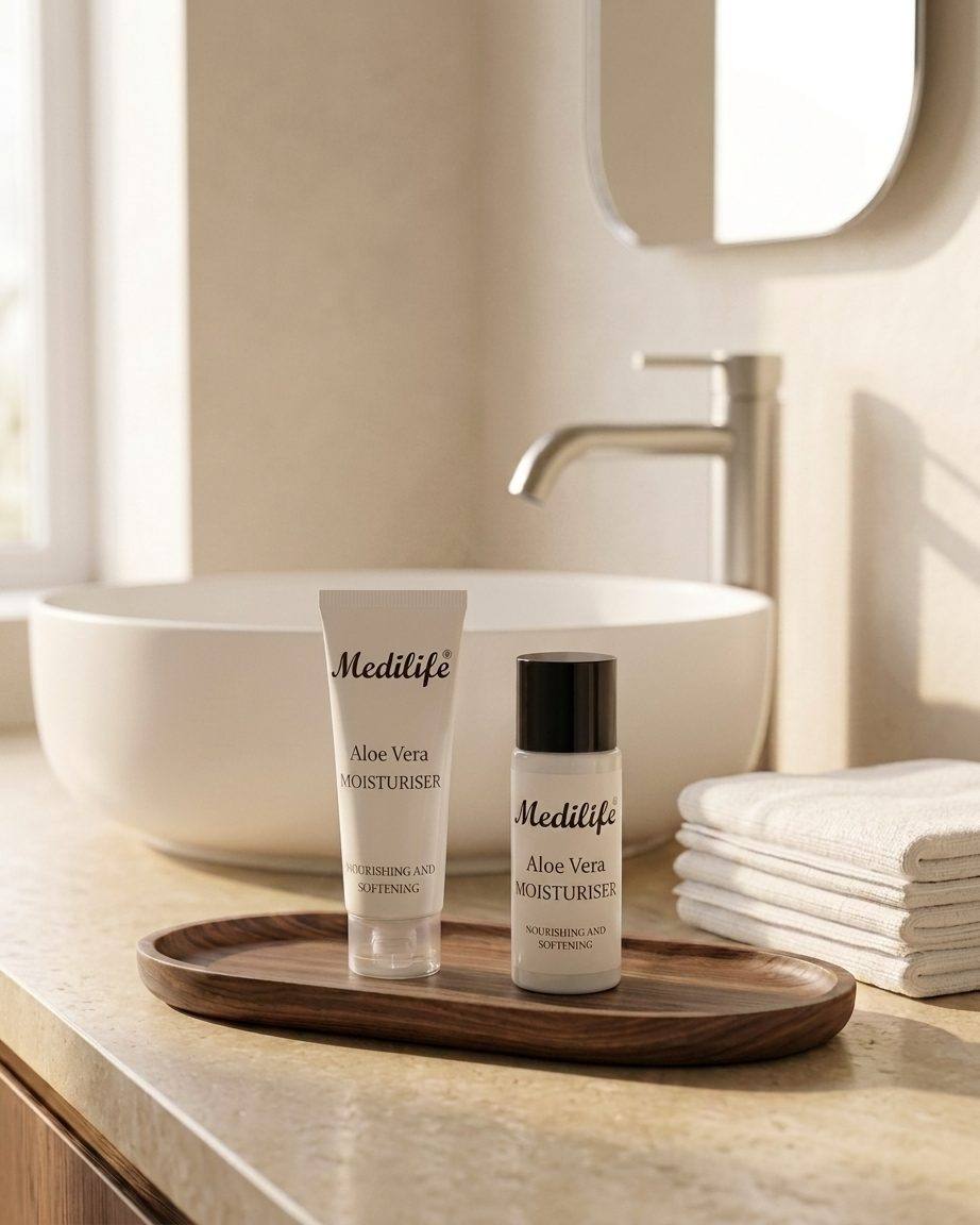 Medilife aloe vera amenities on a wooden tray beside a hotel basin